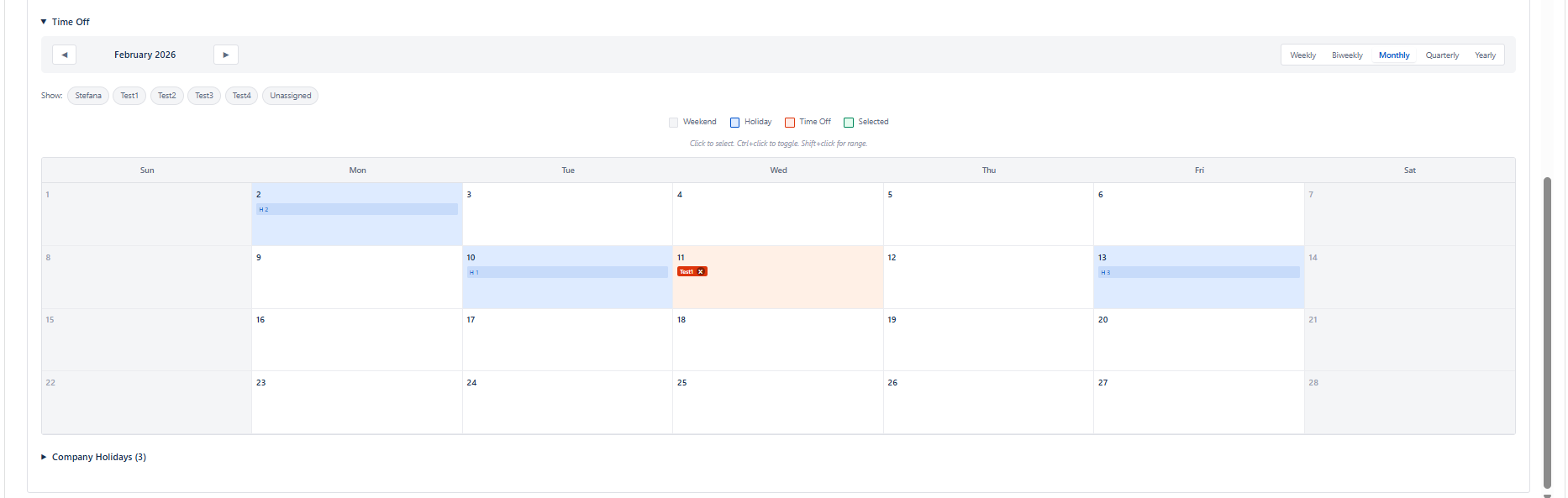Capacity tab showing calendar view for time off, holidays, and PTO management
